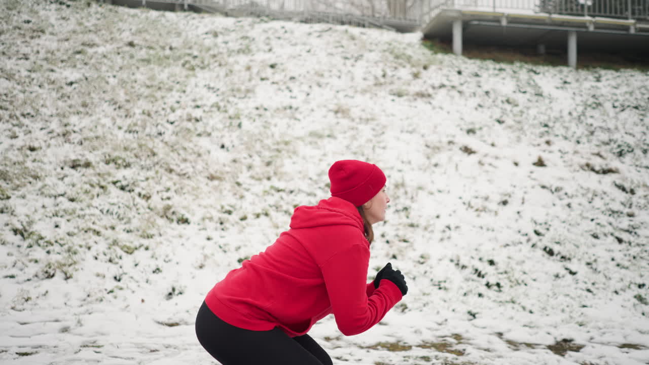 겨울 운동 중에 야외에서 눈 인 지상에서 빨간 후디와 검은 장갑을 입고 점프 스을 수행하는 여성의 측면 뷰, 장면에는 철 철로와 함께 눈 은 언덕, 안개 분위기가 포함됩니다.