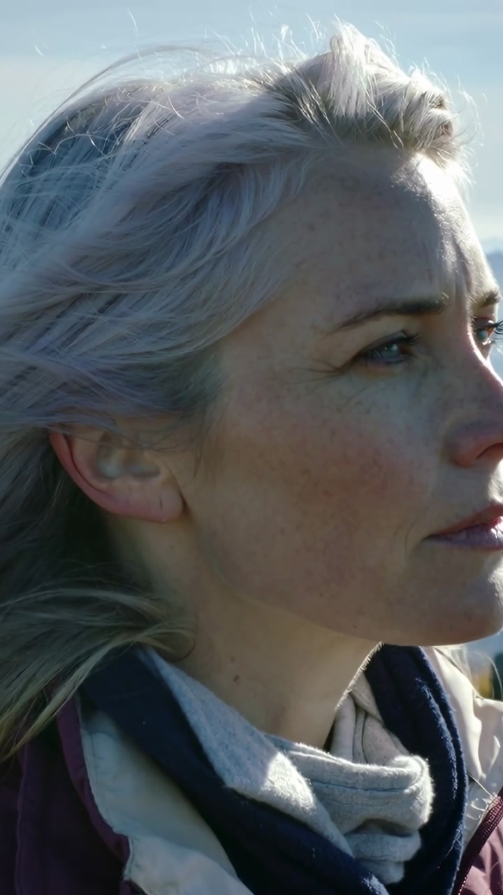Vertical video: Gazing woman in jacket and scarf turning chin up at coast with wind lifting hair