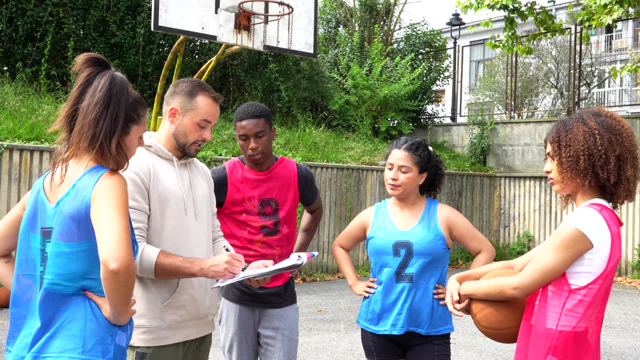 Basketball team discussing strategy with coach