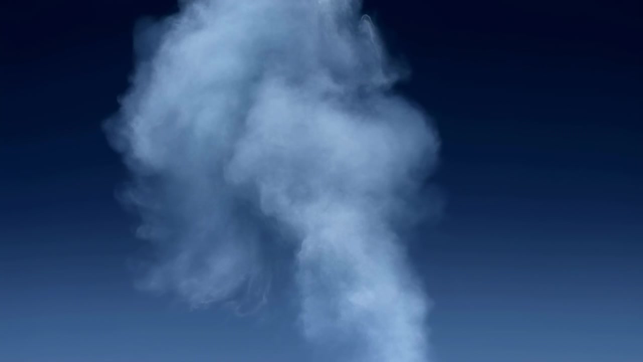 Time-lapse sequentie die de evolutie van een rookpluim toont, van de aanvankelijke geconcentreerde stijging (2%) via uitbreiding en turbulentie halverwege de sequentie tot bijna volledige dissipatie.