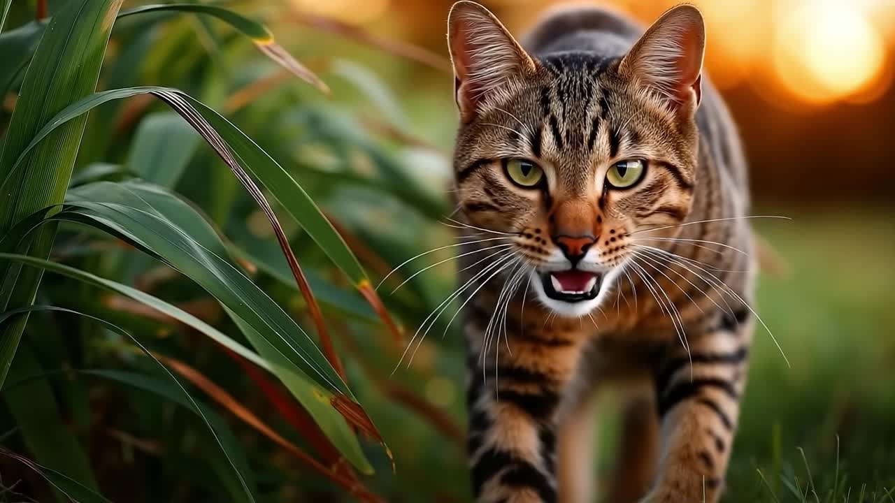 A cat walking through the grass with its mouth open