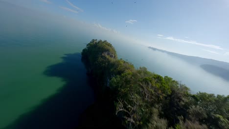 vuelo fpv sobre islas cubiertas de vegetación y pájaros voladores durante un día soleado en el parque nacional los haitises