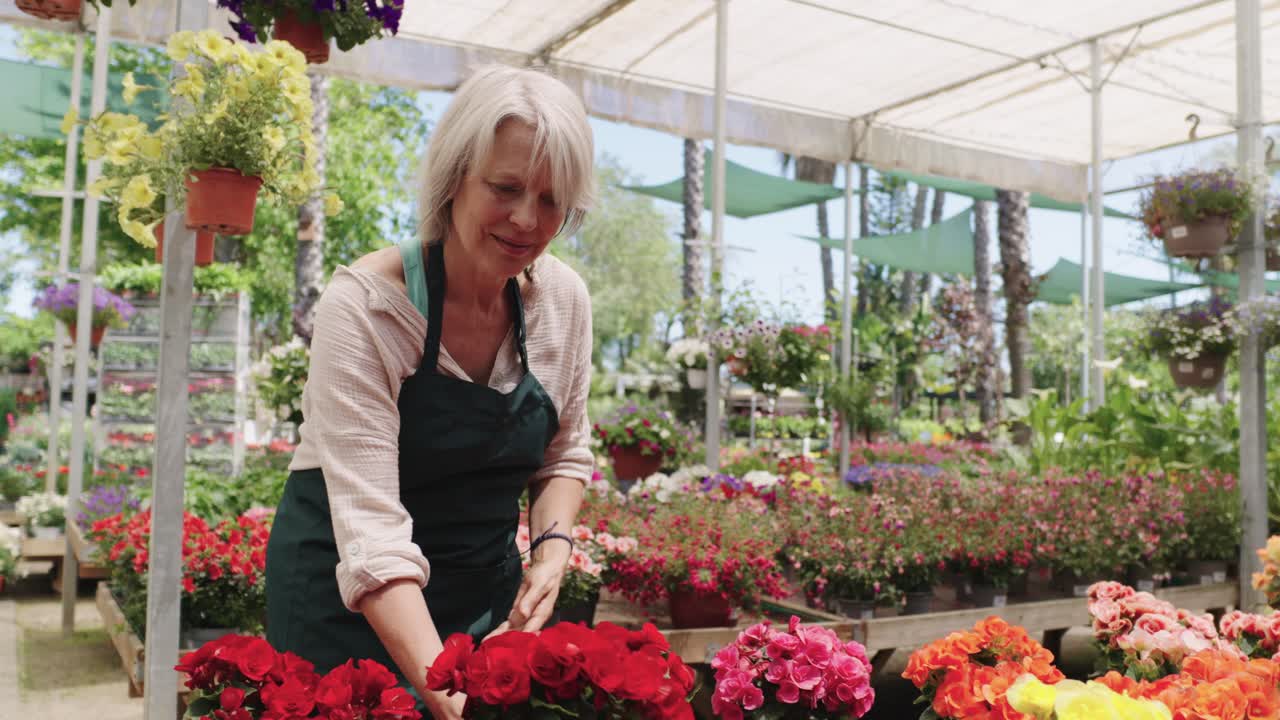 Senior Woman Arranging Flowers in Greenhouse