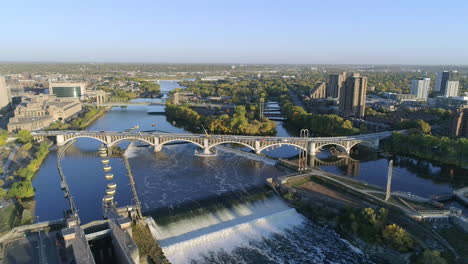 aerial of saint anthony falls and xcel energy water power park