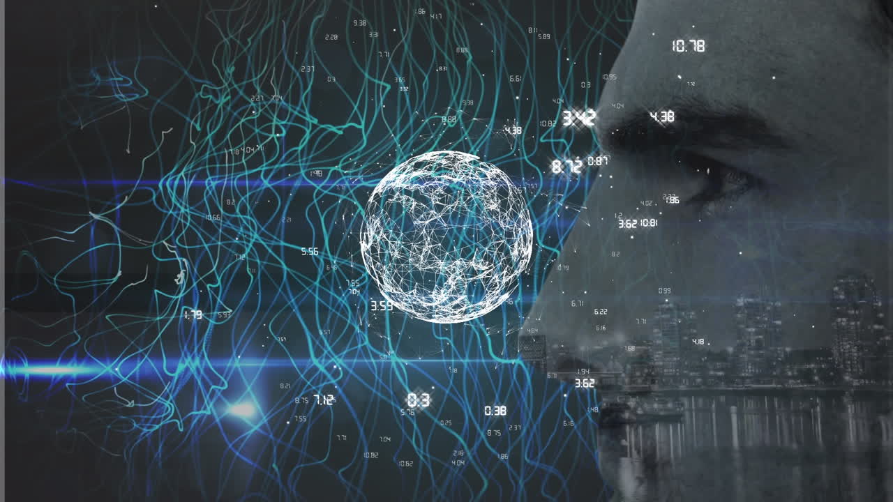 지구와 파란 파도의 애니메이션은 카우카시안 남자들이 어두운 배경에 호의합니다.