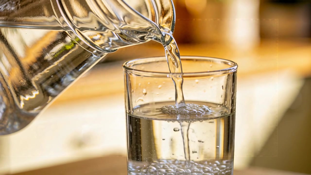 Bình thủy tinh trong suốt từ bên trái rót nước vào ly đặt giữa trên quầy gỗ, làm đầy ly