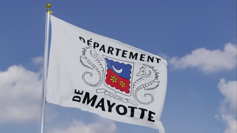 flag of mayotte moving in the wind with a clear blue sky in the background, clouds slowly moving, flagpole, slow motion