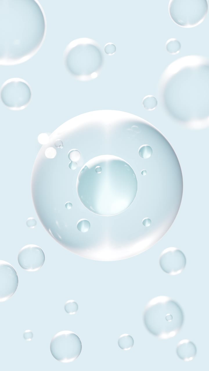 Vertical abstract background with transparent spherical bubbles and DNA strands. 3d animation