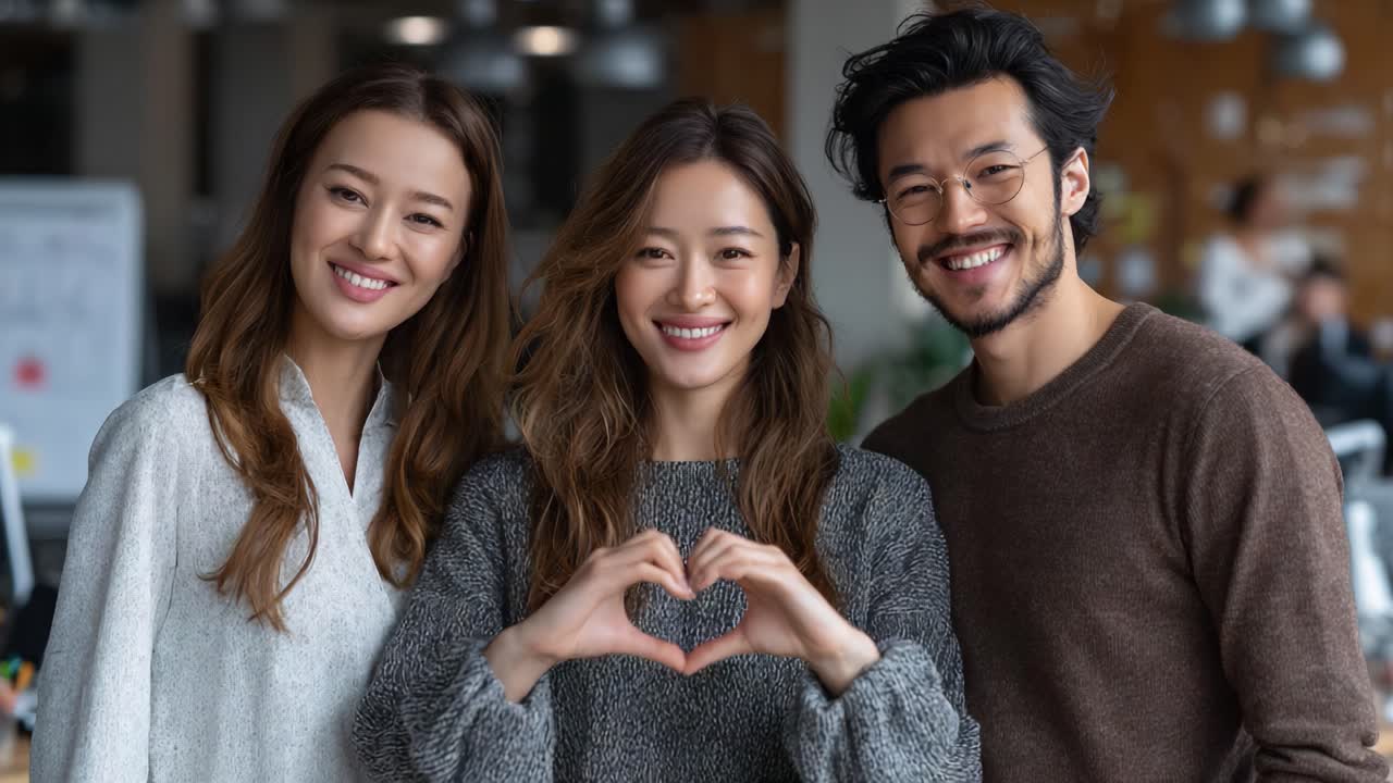 A Heartfelt Moment: Three Friends Featuring Joyful Smiles and Unity in a Warm, Modern Workspace Setting Captured in Two Frames