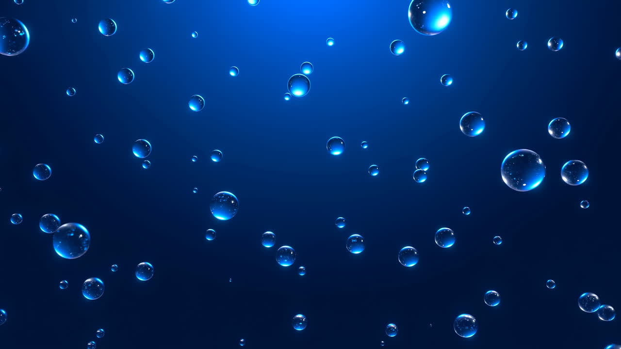 Underwater Blue Scene With Rising Bubbles, Marine Biologist Observation In Slow Motion, Soft Surface Light