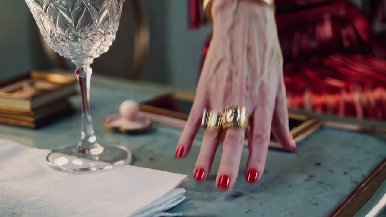 elegante mujer madura con esmalte de uñas rojo y muchas pulseras de oro y turquesa y anillos descansa su mano en una mesa de madera azul claro cerca de un vidrio de cristal y una servilleta blanca