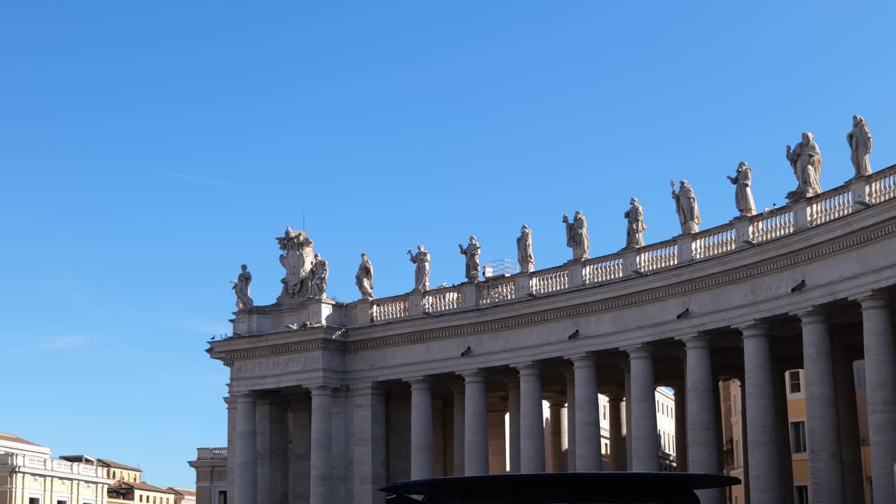 Wide shot of the iconic curved colonnade and saint statues in St. Peter’s Square, Vatican City, Rome, with strong architectural lines and bright blue sky in 4K quality