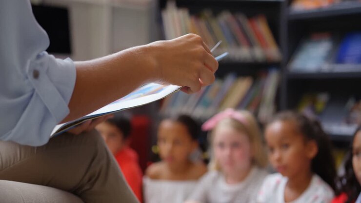 Professora ensinando alunos na biblioteca da escola 4k