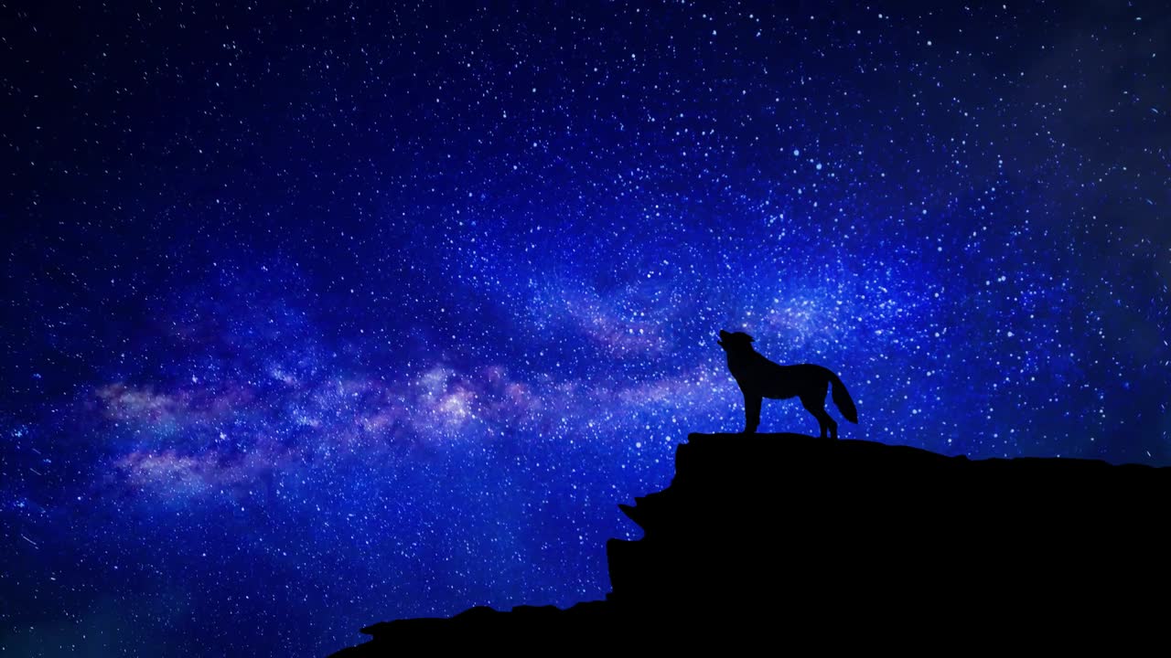 Lone wolf howling at mountain ridge in starry night with milkyway sky. Silhouette