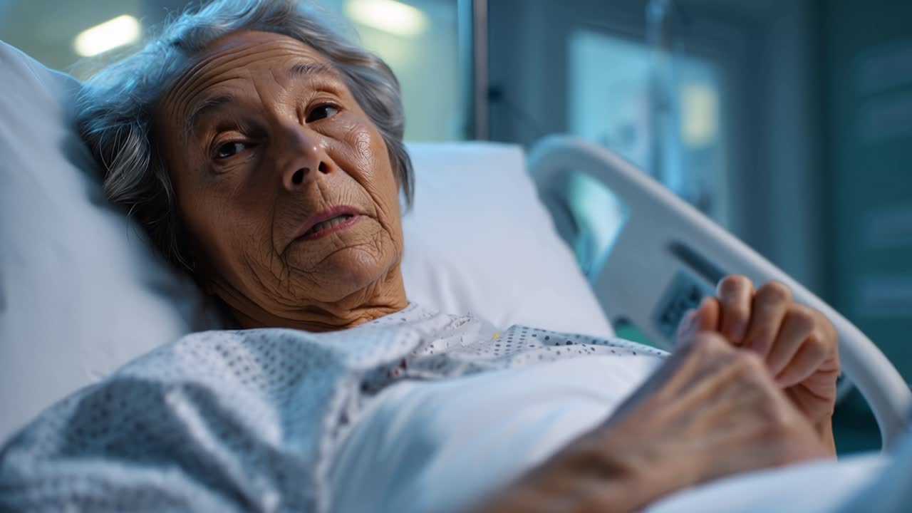 Una donna anziana riposa in un letto d'ospedale. I suoi occhi sono dolcemente chiusi, calma e stanca. Le mani sono giunte delicatamente, mostrando una tranquilla sopportazione. Una luce soffusa proietta un delicato bagliore sul suo viso. Adatto per assistenza sanitaria, invecchiamento.