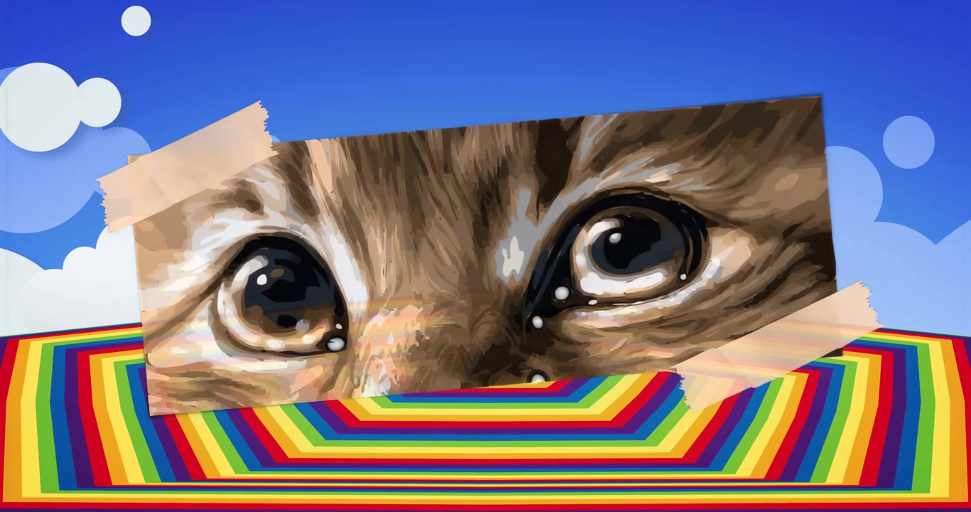 Iniziando con un cielo da cartone animato, grafica di carta che mostra gli occhi di un gatto soriano che sbattono le palpebre, illustrando il ciclo di battito delle palpebre