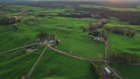 aerial view of a sprawling farm landscape in new zealand with lush green fields, rural roads, and farm buildings. a serene snapshot of countryside life and agricultural beauty