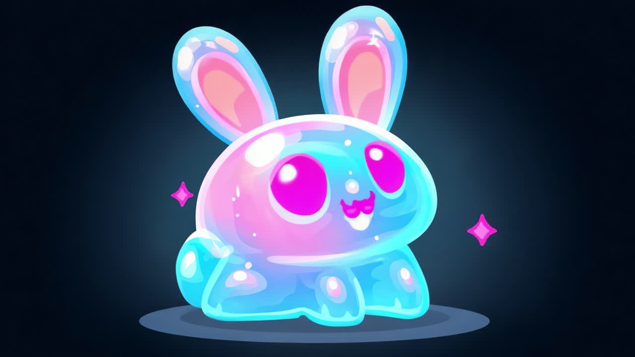 A captivating and colorful translucent rabbit figure, radiating a playful charm with vibrant pink eyes and glossy, shimmering textures, set against a dark background, inviting wonder and delight