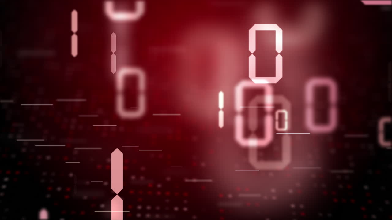 Chaotic movement of digital electronic symbols of zeros and ones. Binary code on a dark red background with flashing dots. Looped motion graphics.