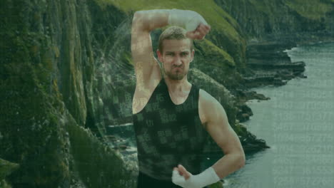 flexing muscles, man in athletic wear over digital code animation and coastal view