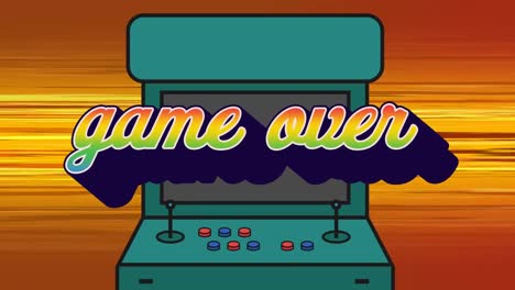 animation of retro game over rainbow text over vintage game console on orange background