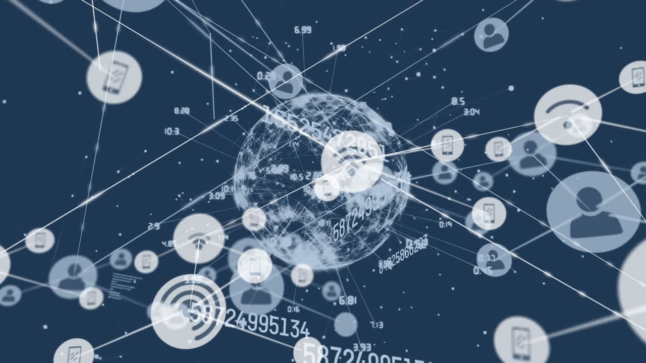 디지털 아이콘과 숫자가 바뀌는 글로브로 연결된 네트워크의 애니메이션