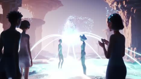 a captivating exploration of ethereal beings in a surreal world of luminescence and ancient structures: a journey through light and shadows