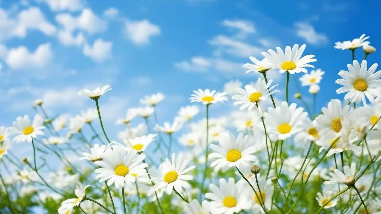 明るい青空を背景にしたヒナギクのローアングル動画で、穏やかで自然な雰囲気を捉えています。