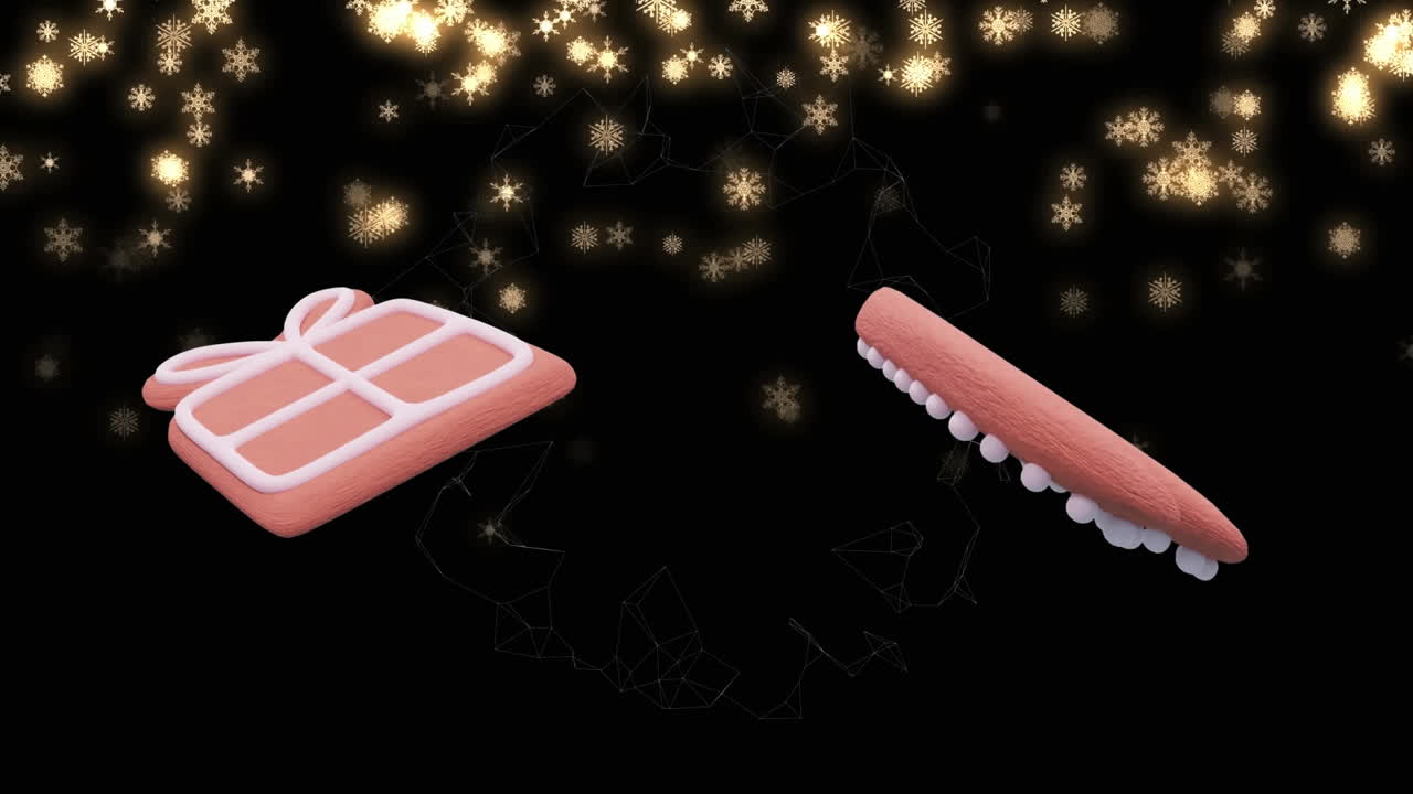 검은 바탕에 떨어지는 반 ⁇ 이는 눈송이 위에 크리스마스 진저브레드 쿠키의 애니메이션