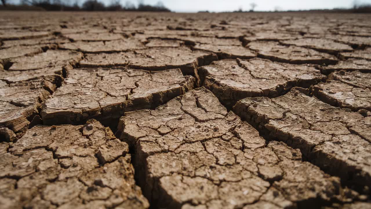 Movimento lento della camera che rivela terra arida e screpolata nel letto del lago per mostrare bordi rialzati e fessure
