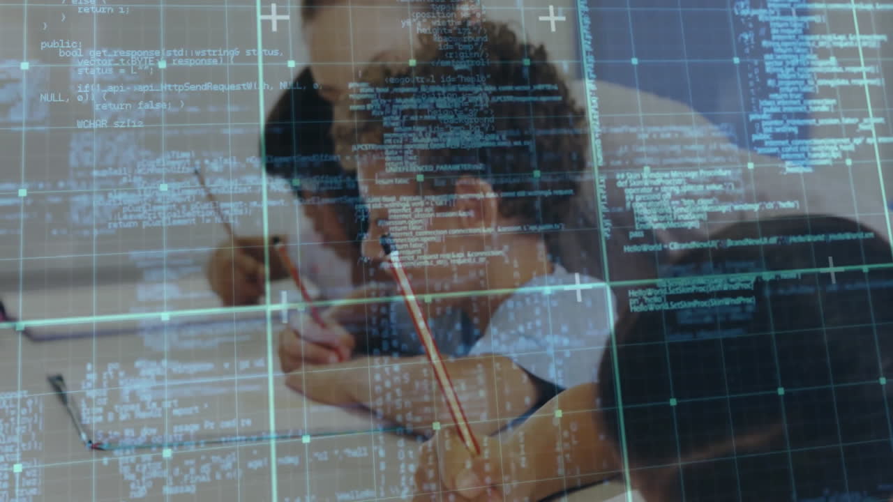 Female teacher guiding students writing at desks in classroom, showing tech code overlay