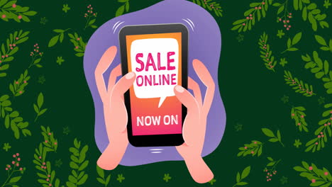 animation of on hand holding a smartphone with sale online text against floral pattern design