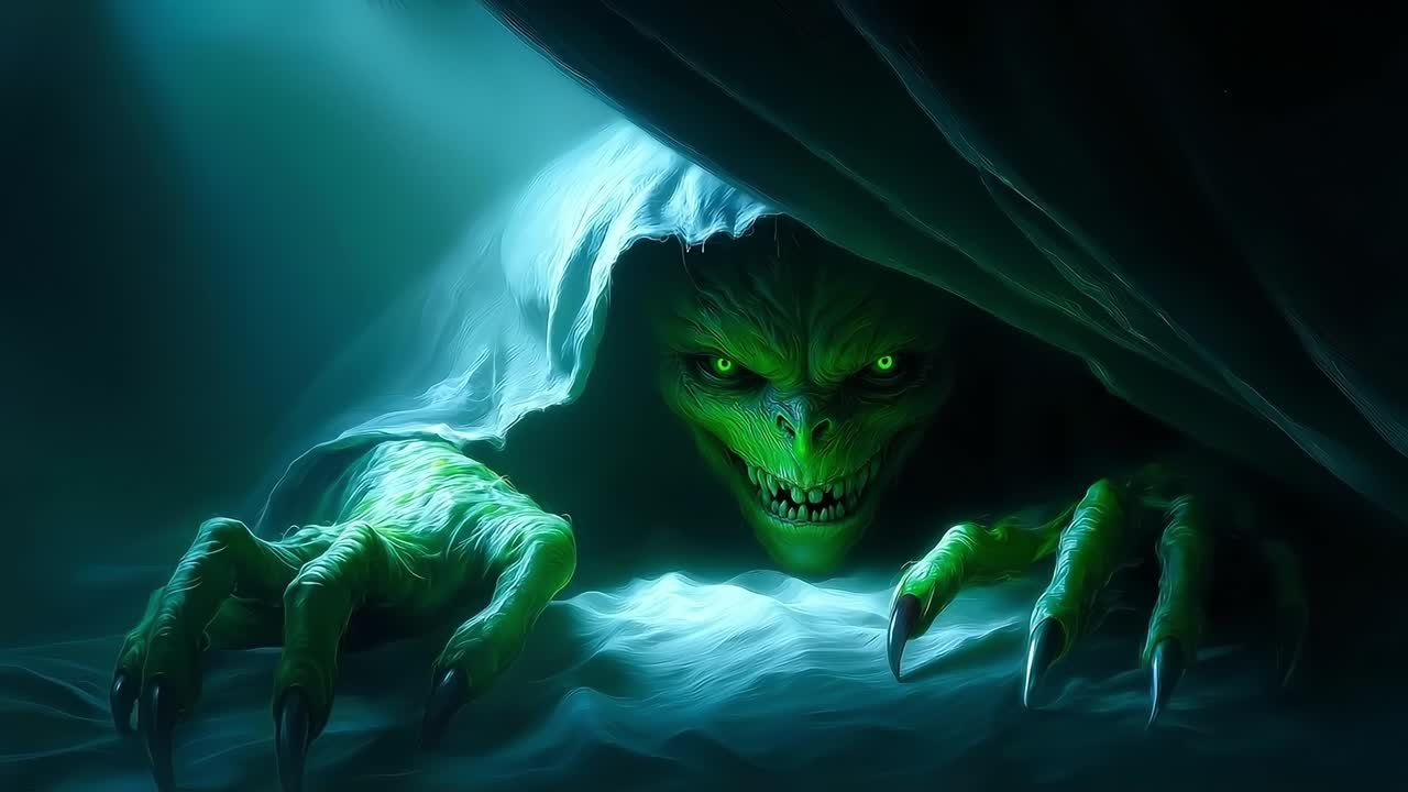 A green monster with green eyes peeking out of a cave
