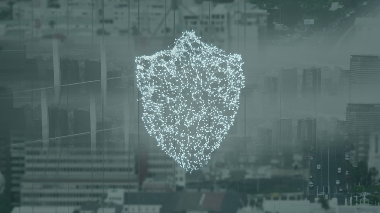 도시 풍경 위의 디지털 방패의 애니메이션