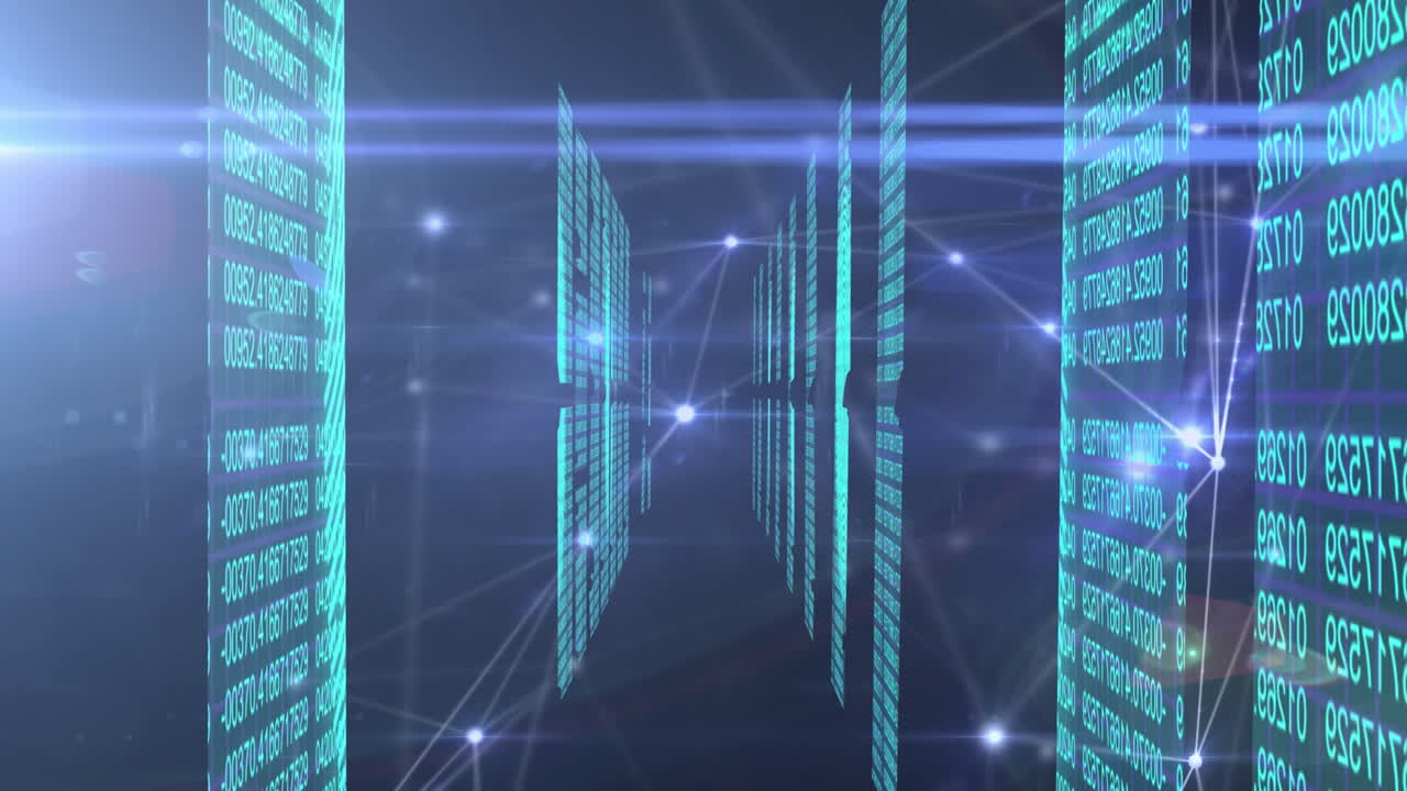 Animation of illuminated dots connected with lines moving amidst binary codes changing on bar graphs
