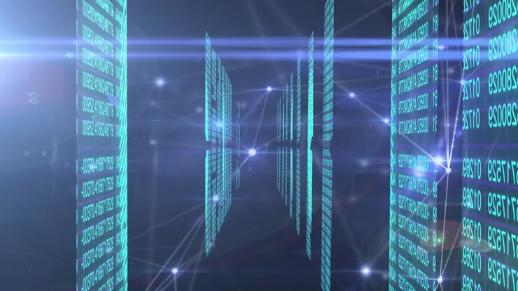 Animation of illuminated dots connected with lines moving amidst binary codes changing on bar graphs