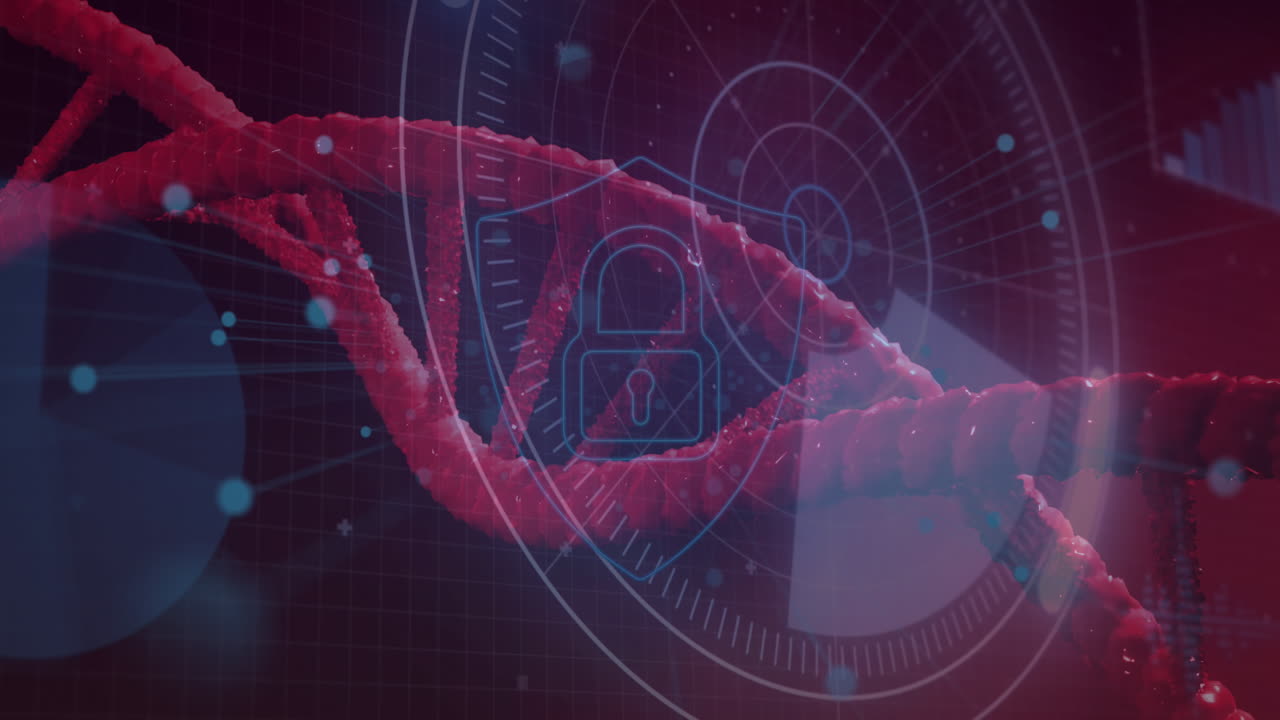 둥근 스캐너와 보안 잠금과 방패 아이콘이 회전하는 dna 구조에 대항합니다.