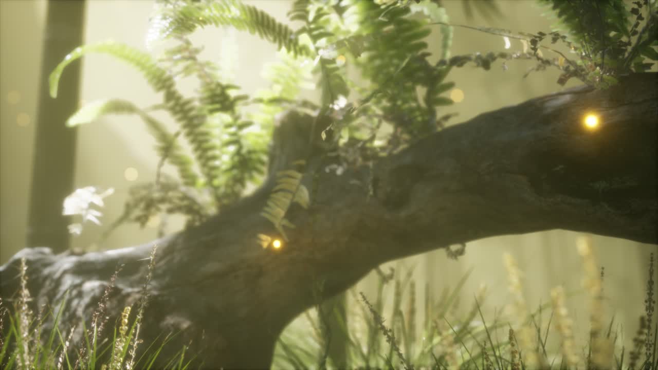 tronco del árbol doblado horizontalmente con helechos creciendo, y la luz del sol brillando