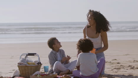 mother and little boy and girl having a picnic at seashore on a sunny day