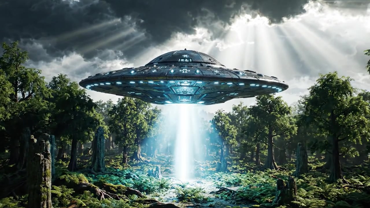 UFO Misterius Mendarat di Hutan Lebat, Menerangi Pohon-pohon Sekitarnya dengan Sinar Cahaya Terang, Menciptakan Suasana Intrik dan Keajaiban