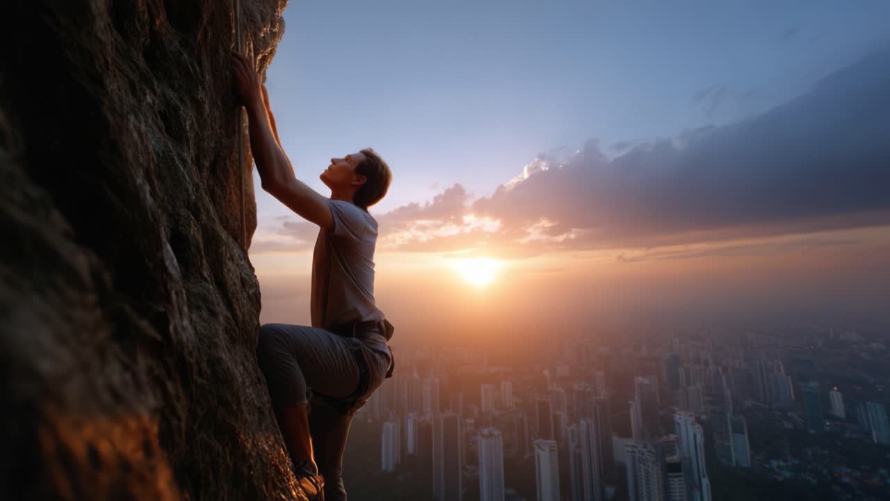A climber scaling a rocky face against the backdrop of a stunning sunset over a city, showcasing determination, adventure, and the beauty of nature and urban life