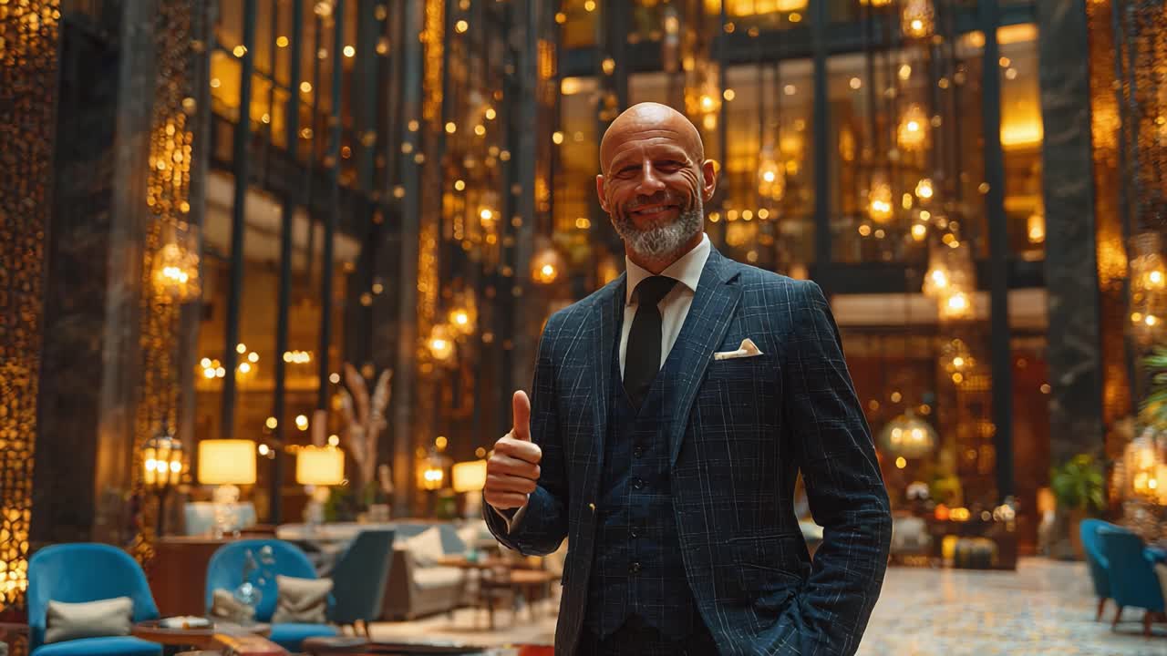 A Confident Gentleman Poses with a Thumbs-Up in an Elegantly Lit Luxurious Lobby Featuring Glimmering Chandeliers and Cozy Seating Areas