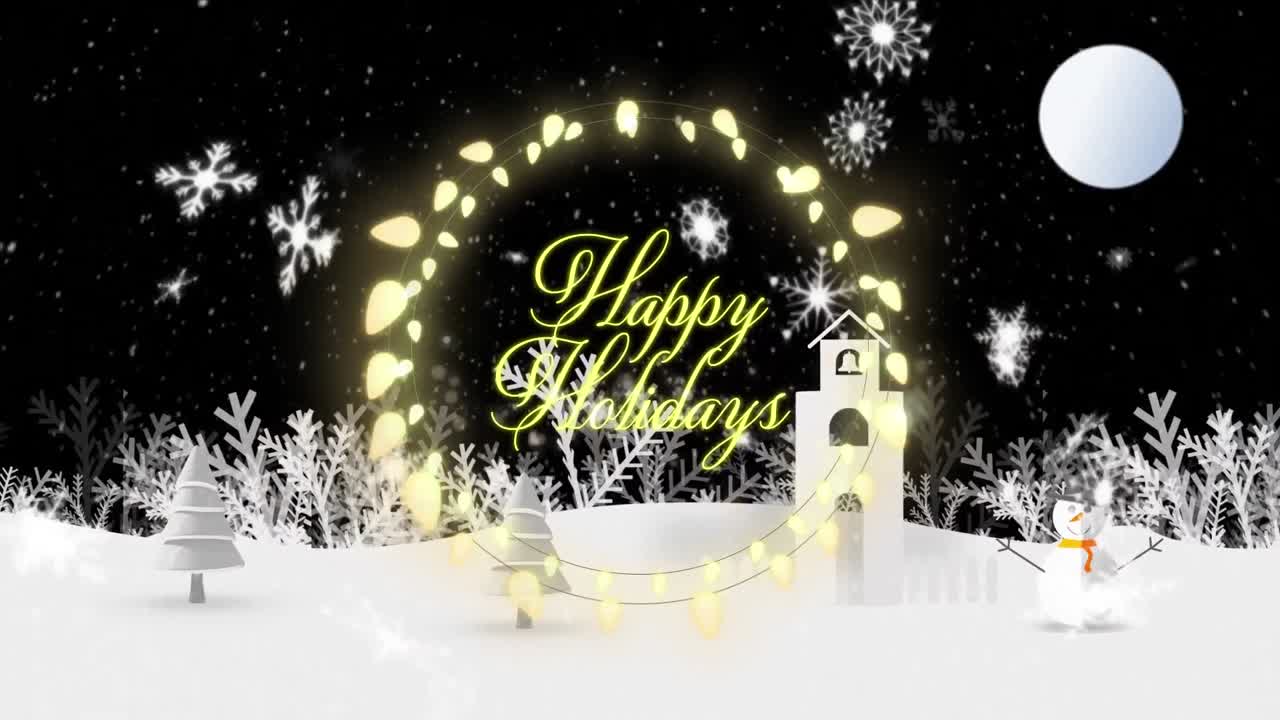 겨울 풍경에 대한 행복한 휴일 텍스트 위에 떨어지는 눈송이