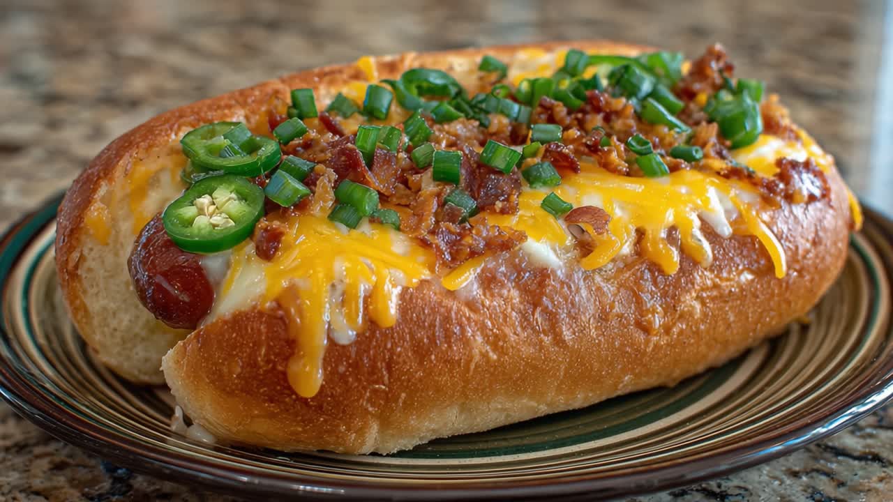 Hot Dog Deliziosamente Farcito: Con Salsiccia Succosa, Formaggio Grattugiato, Pancetta Croccante e Jalapeños Freschi per un'Esplosione di Sapori