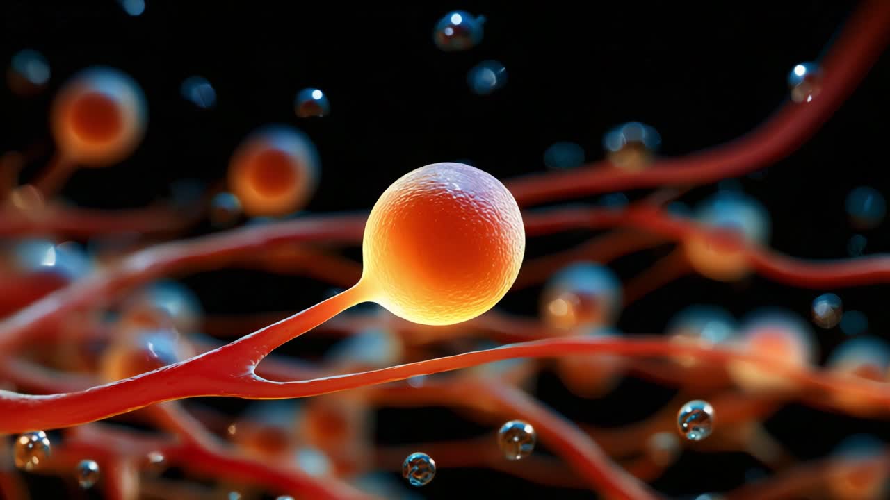 A close-up view of vibrant cellular structures, showcasing the intricate details of a single cell surrounded by a network of delicate filaments and tiny droplets, illuminated against a dark backdrop