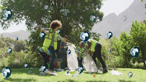 animation of globe icons over african american family cleaning garden