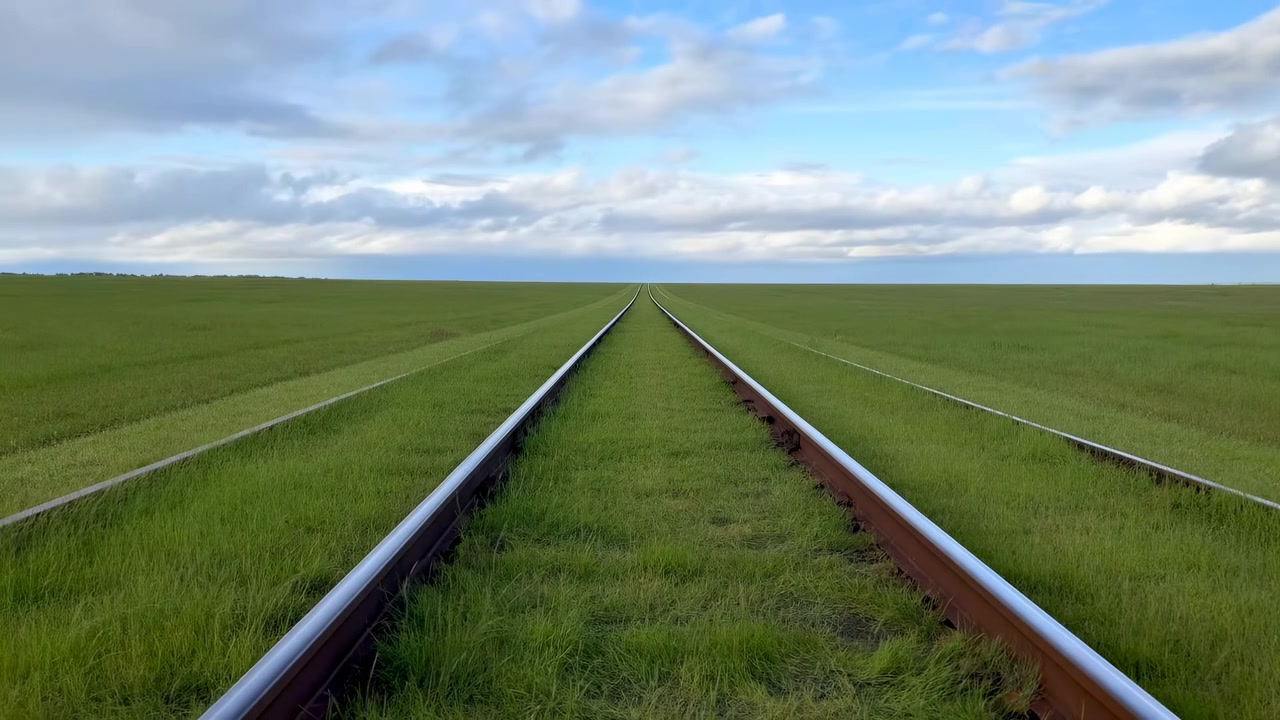 Railroad tracks leading into the distance, in open field with a cloudy sky, with railroad tracks, grass, sky, from a straight-on perspective from the ground level perspective, nearby objects.