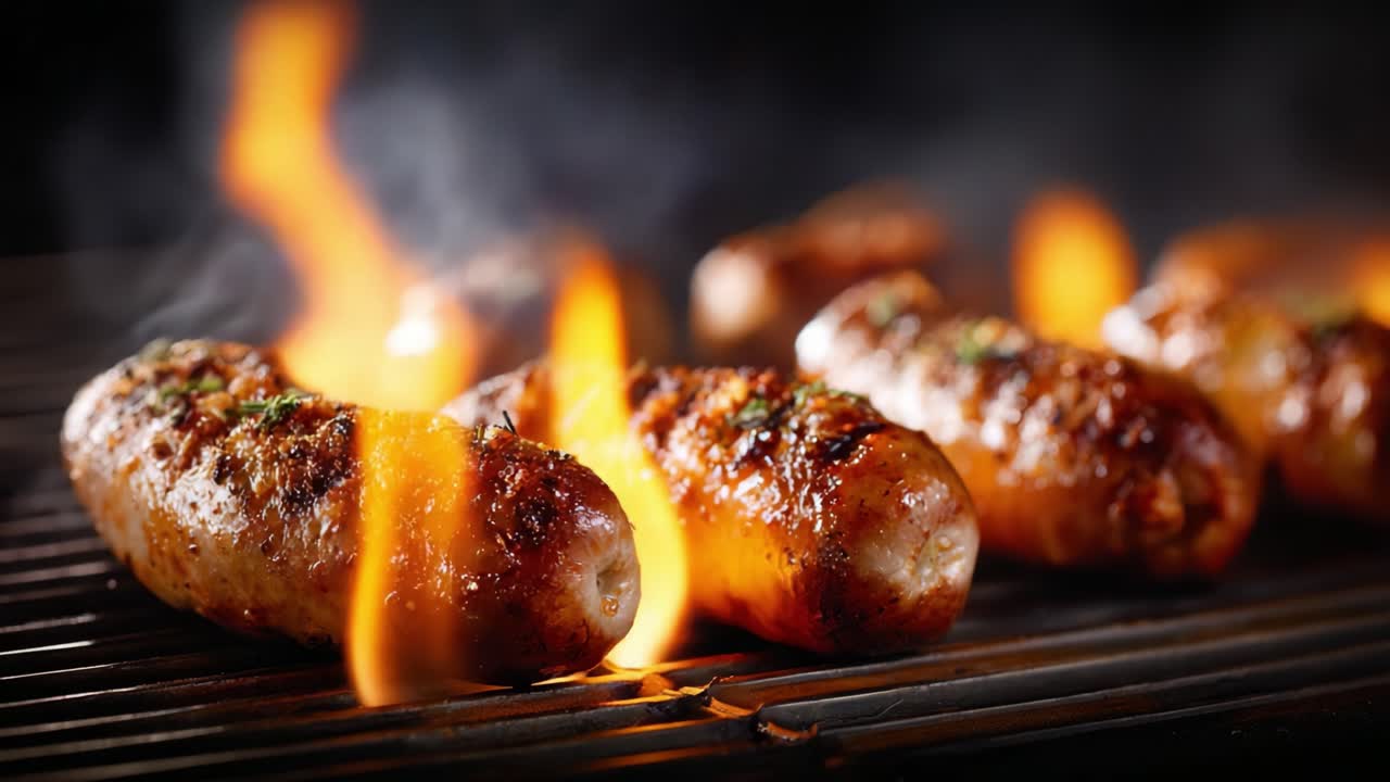 Salsicce che sfrigolano su una griglia, perfettamente abbrustolite con fiamme che lambiscono i bordi, mostrando una festa appetitosa ricca di aroma e consistenza per gli appassionati di cucina
