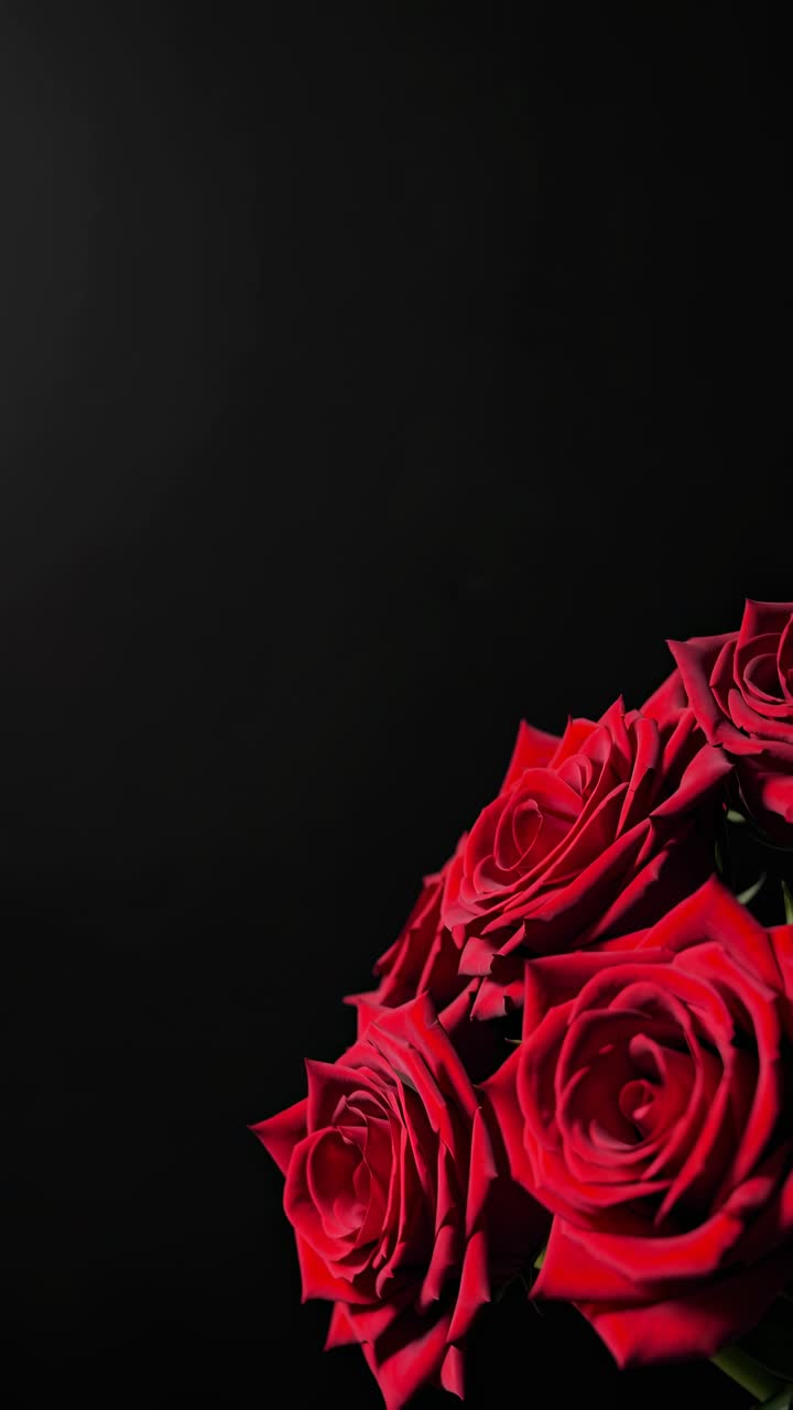 Close-up of vibrant red roses against a black background, shot from a low angle