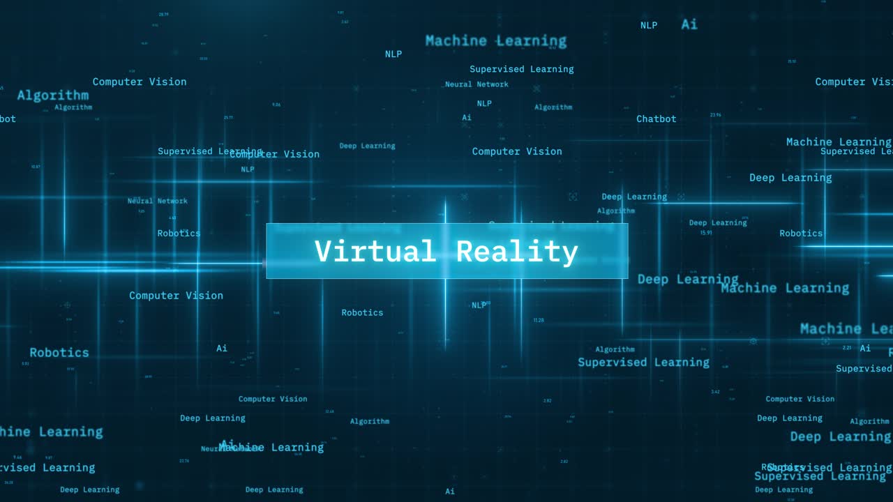 Virtual Reality Text on Futuristic Cyberspace Background. 3D Grid and Binary Numbers